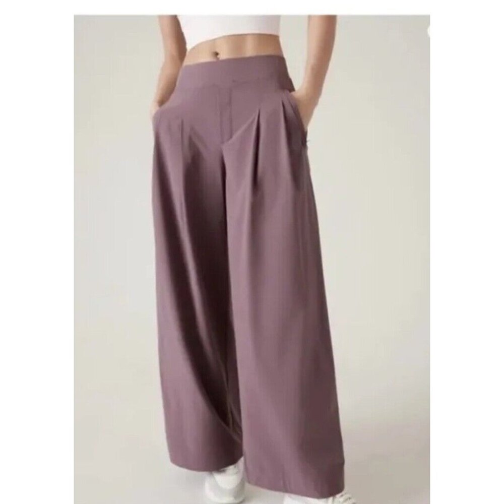 Athleta Brooklyn Heights High Rise Wide Leg Travel Pants Damask Mauve Size 18